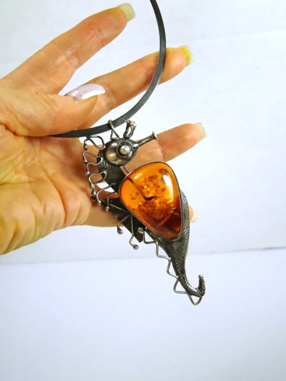 Rare Seahorse Baltic  Amber Sterling  Silver Pendant-Brooch Necklace
